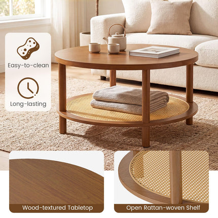 Dreamade Round Rattan Coffee Table with Storage & Solid Rubber Wood Legs