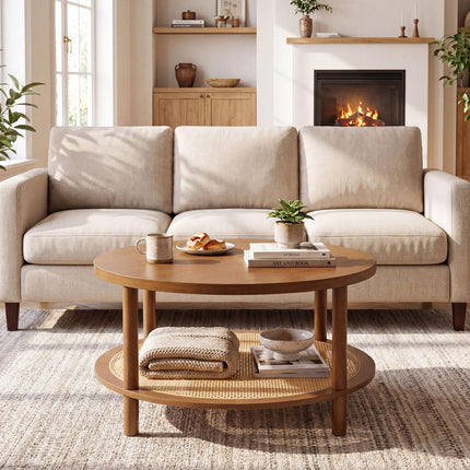 Dreamade Round Rattan Coffee Table with Storage & Solid Rubber Wood Legs