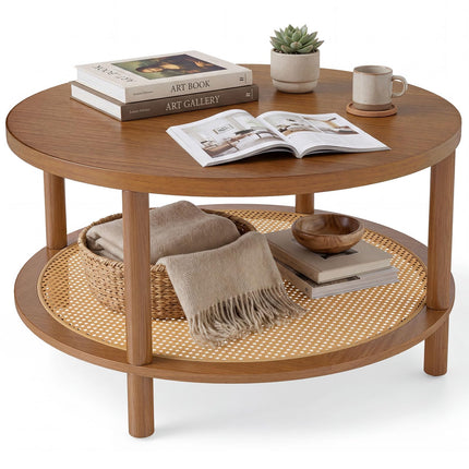 Dreamade Round Rattan Coffee Table with Storage & Solid Rubber Wood Legs
