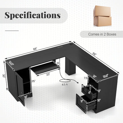 Dreamade 66" L-Shaped Desk with Storage Drawers & Charging Station