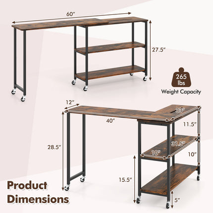 360° Rotation Mobile Laptop Table with 2-Tier Storage Shelves