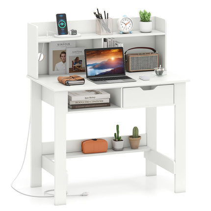 Dreamade White Computer Desk with Hutch, Home Office Desk with Power Outlets, USB Ports