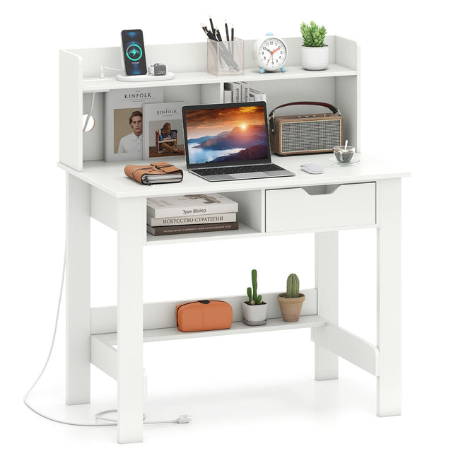Dreamade White Computer Desk with Hutch, Home Office Desk with Power Outlets, USB Ports