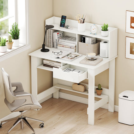 Dreamade White Computer Desk with Hutch, Home Office Desk with Power Outlets, USB Ports