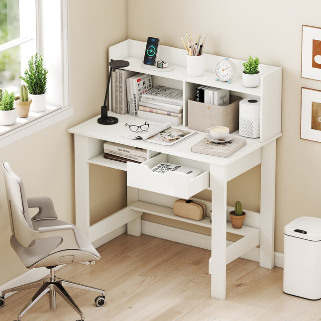 Dreamade White Computer Desk with Hutch, Home Office Desk with Power Outlets, USB Ports