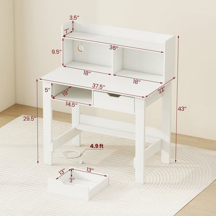 Dreamade White Computer Desk with Hutch, Home Office Desk with Power Outlets, USB Ports