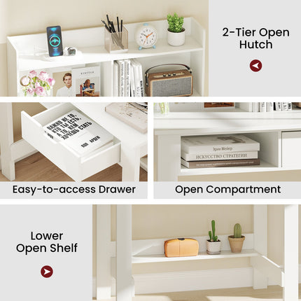 Dreamade White Computer Desk with Hutch, Home Office Desk with Power Outlets, USB Ports