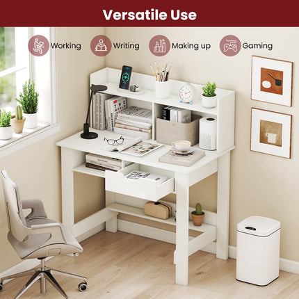 Dreamade White Computer Desk with Hutch, Home Office Desk with Power Outlets, USB Ports