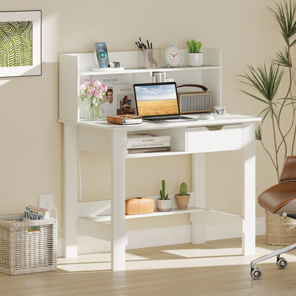 Dreamade White Computer Desk with Hutch, Home Office Desk with Power Outlets, USB Ports