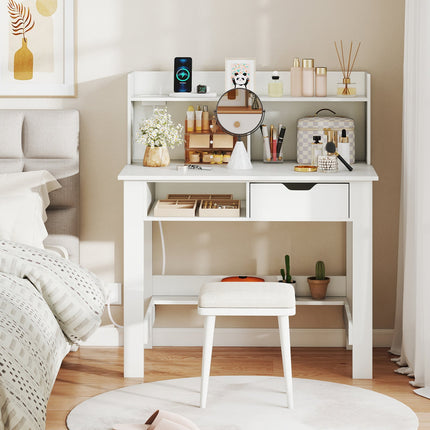 Dreamade White Computer Desk with Hutch, Home Office Desk with Power Outlets, USB Ports
