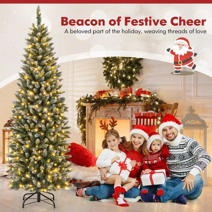 Dreamade 9ft Pre-Lit Artificial Pencil Christmas Tree, Hinged Slim Xmas Tree with 500 Warm-White LED Lights