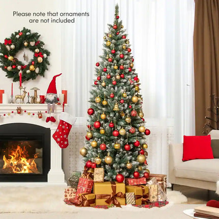 Dreamade 9ft Pre-Lit Artificial Pencil Christmas Tree, Hinged Slim Xmas Tree with 500 Warm-White LED Lights