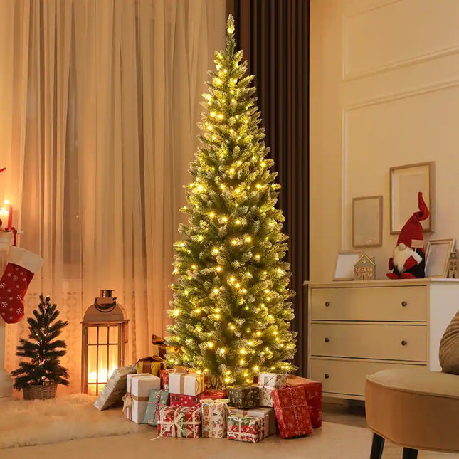 Dreamade 9ft Pre-Lit Artificial Pencil Christmas Tree, Hinged Slim Xmas Tree with 500 Warm-White LED Lights