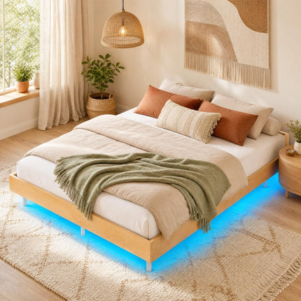 Dreamade Wood Floating Bed Frame Queen Size with Smart LED Light, Natural | Modern Platform Bed w/Heavy Duty Mattress Foundation