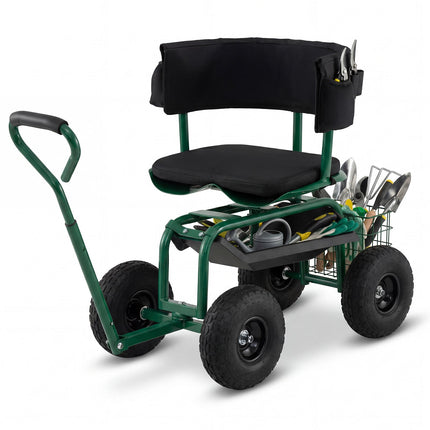 Dreamade Cushioned Rolling Garden Cart Scooter with Storage Basket and Tool Pouch