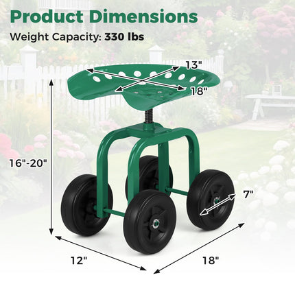 Dreamade Garden Cart, Rolling Workseat with 4 Wheels, Garden Stool 360-degree Swivel Work Seat & Adjustable Heigh