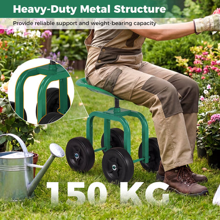 Dreamade Garden Cart, Rolling Workseat with 4 Wheels, Garden Stool 360-degree Swivel Work Seat & Adjustable Heigh