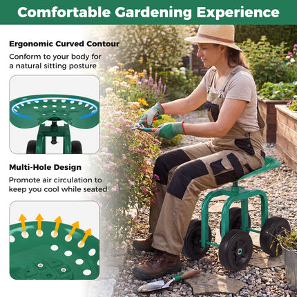 Dreamade Garden Cart, Rolling Workseat with 4 Wheels, Garden Stool 360-degree Swivel Work Seat & Adjustable Heigh