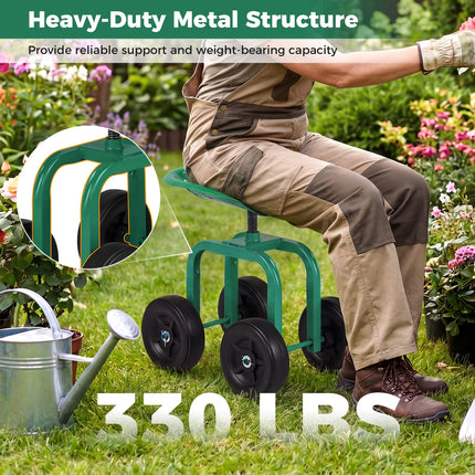 Dreamade Garden Cart, Rolling Workseat with 4 Wheels, Garden Stool 360-degree Swivel Work Seat & Adjustable Heigh