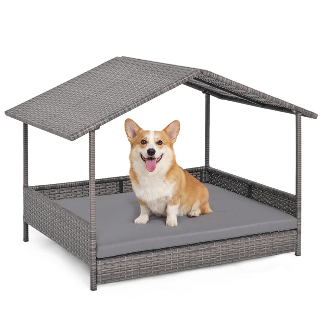 Dreamade Outdoor Wicker Dog House with Roof Canopy & Washable Cushion
