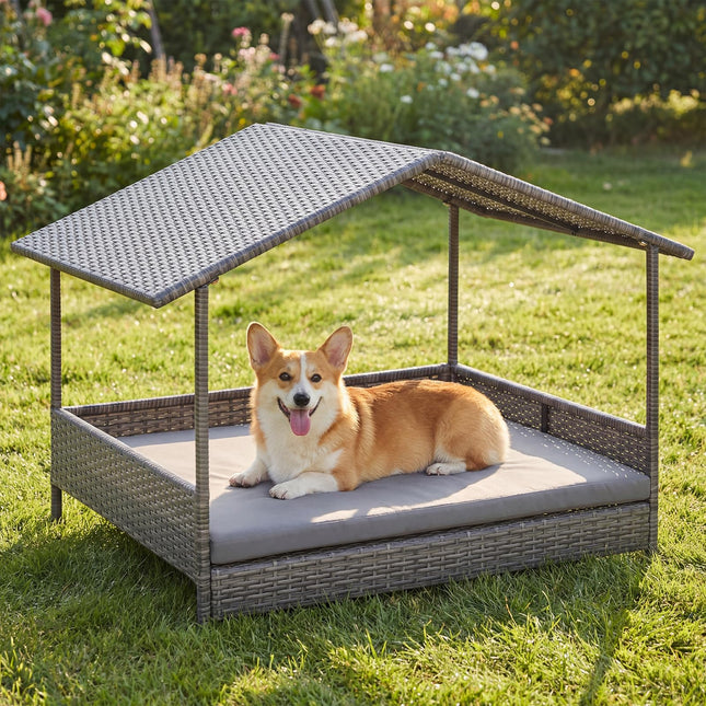 Dreamade Outdoor Wicker Dog House with Roof Canopy & Washable Cushion