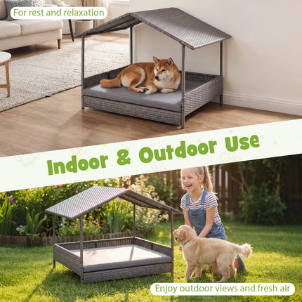 Dreamade Outdoor Wicker Dog House with Roof Canopy & Washable Cushion