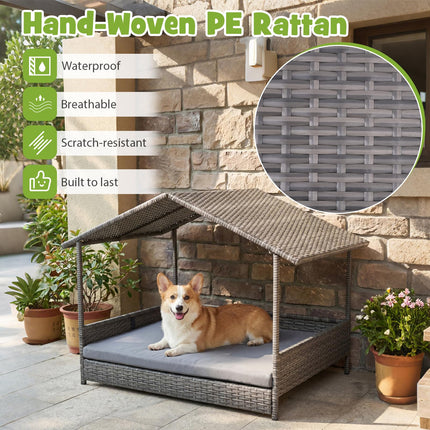 Dreamade Outdoor Wicker Dog House with Roof Canopy & Washable Cushion