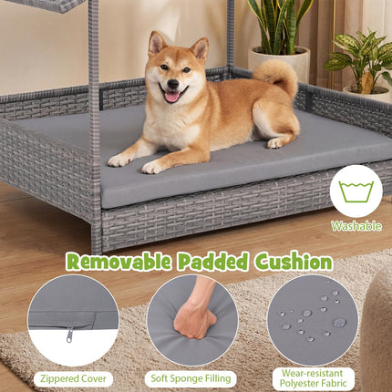 Dreamade Outdoor Wicker Dog House with Roof Canopy & Washable Cushion