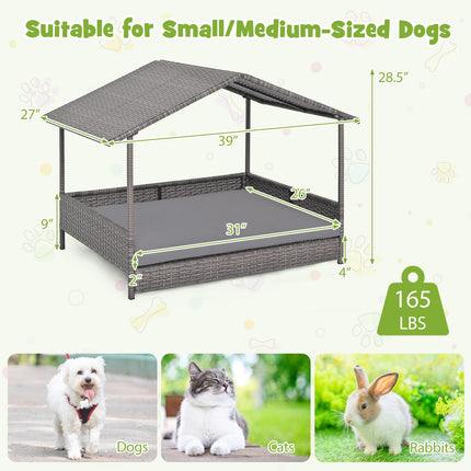 Dreamade Outdoor Wicker Dog House with Roof Canopy & Washable Cushion