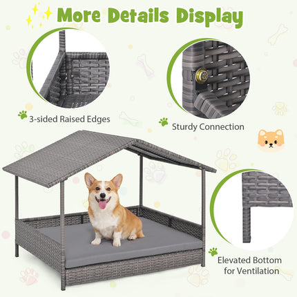 Dreamade Outdoor Wicker Dog House with Roof Canopy & Washable Cushion