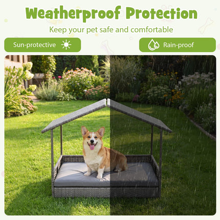 Dreamade Outdoor Wicker Dog House with Roof Canopy & Washable Cushion