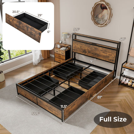 Dreamade Queen/Full Bed Frame with LED Lights Headboard and 4 Storage Drawers
