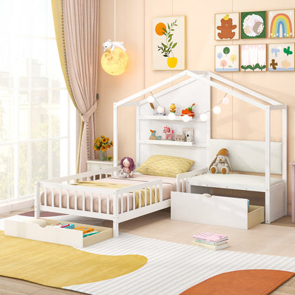 Dreamade Twin House Bed for Kids, Wooden Kids Twin Bed Frame with Padded Bench