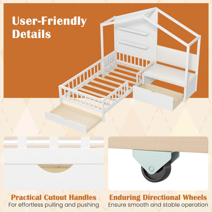 Dreamade Twin House Bed for Kids, Wooden Kids Twin Bed Frame with Padded Bench
