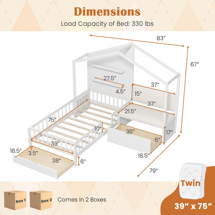 Dreamade Twin House Bed for Kids, Wooden Kids Twin Bed Frame with Padded Bench