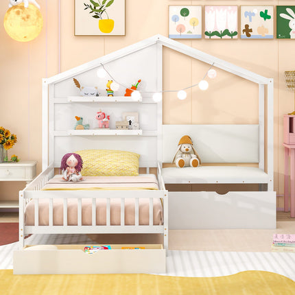 Dreamade Twin House Bed for Kids, Wooden Kids Twin Bed Frame with Padded Bench