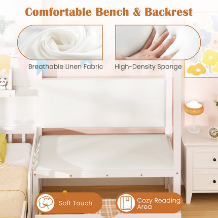 Dreamade Twin House Bed for Kids, Wooden Kids Twin Bed Frame with Padded Bench