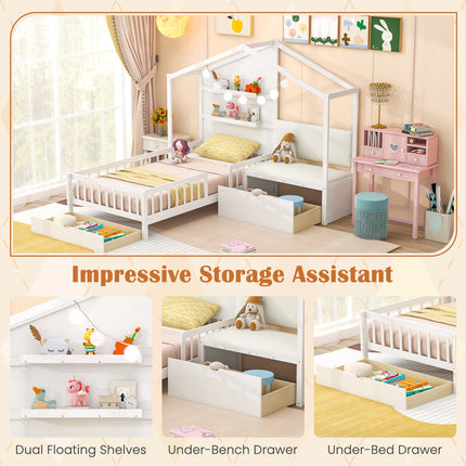 Dreamade Twin House Bed for Kids, Wooden Kids Twin Bed Frame with Padded Bench