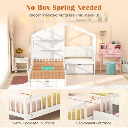 Dreamade Twin House Bed for Kids, Wooden Kids Twin Bed Frame with Padded Bench