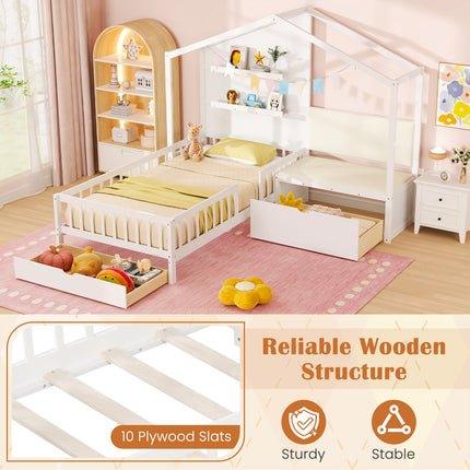 Dreamade Twin House Bed for Kids, Wooden Kids Twin Bed Frame with Padded Bench