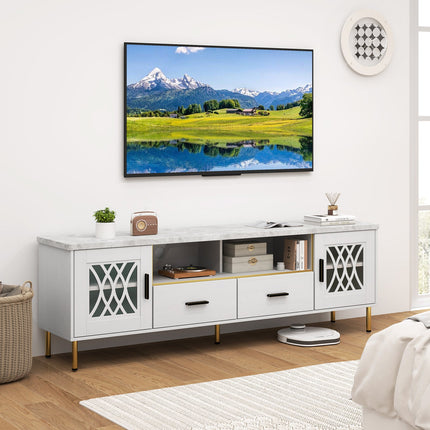 Dreamade TV Stand for TV up to 80", 71-Inch Modern Entertainment Center with Glass Doors & 2 Storage Drawers