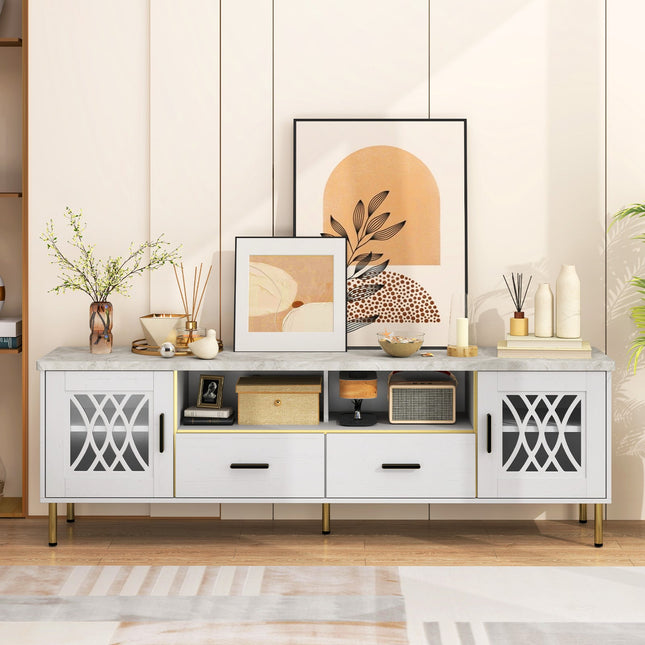 Dreamade TV Stand for TV up to 80", 71-Inch Modern Entertainment Center with Glass Doors & 2 Storage Drawers