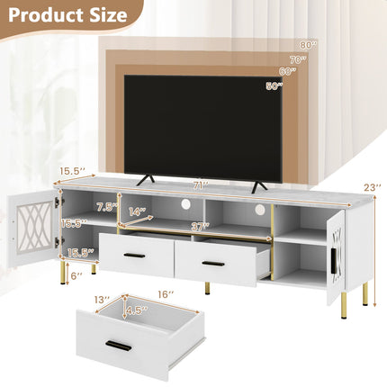 Dreamade TV Stand for TV up to 80", 71-Inch Modern Entertainment Center with Glass Doors & 2 Storage Drawers