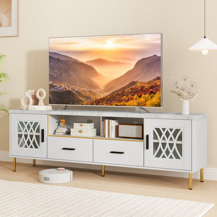 Dreamade TV Stand for TV up to 80", 71-Inch Modern Entertainment Center with Glass Doors & 2 Storage Drawers