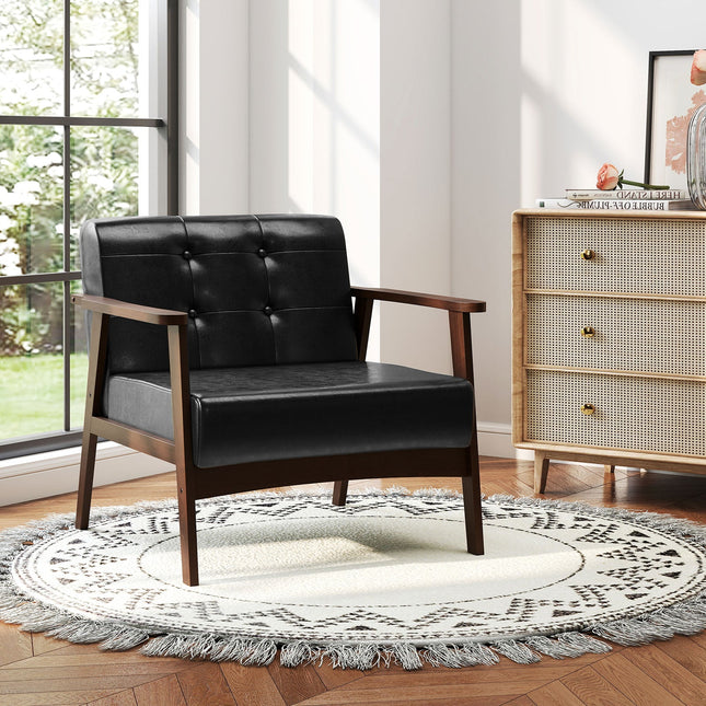 Dreamade Mid Century Modern Accent Chair, Upholstered Tufted Armchair with Solid Rubber Wood Frame