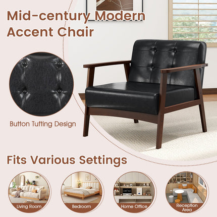 Dreamade Mid Century Modern Accent Chair, Upholstered Tufted Armchair with Solid Rubber Wood Frame
