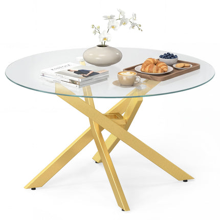 Dreamade 31.5" Round Glass Coffee Table with Tempered Glass Top & Geometric Metal Frame
