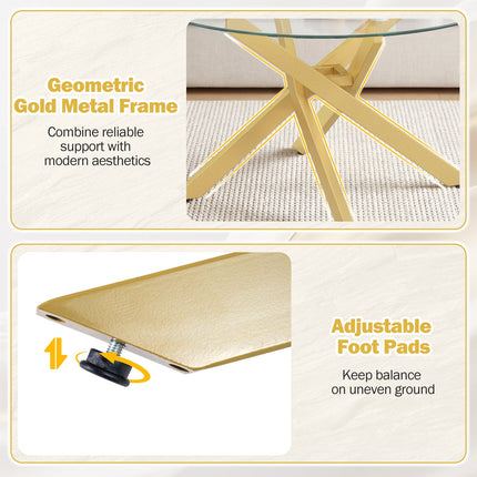 Dreamade 31.5" Round Glass Coffee Table with Tempered Glass Top & Geometric Metal Frame