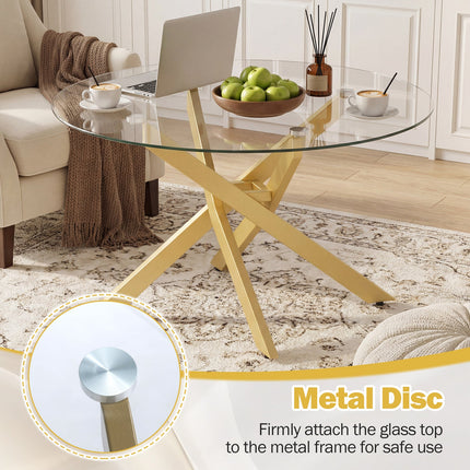 Dreamade 31.5" Round Glass Coffee Table with Tempered Glass Top & Geometric Metal Frame