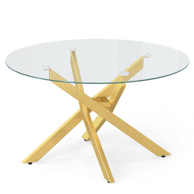 Dreamade 31.5" Round Glass Coffee Table with Tempered Glass Top & Geometric Metal Frame